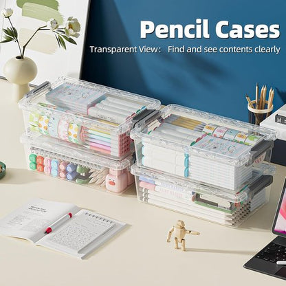 BiuLeon Extra Large Pencil Box Set - Clear Plastic Organizer for Art Supplies | Stackable Craft Storage (Grey)