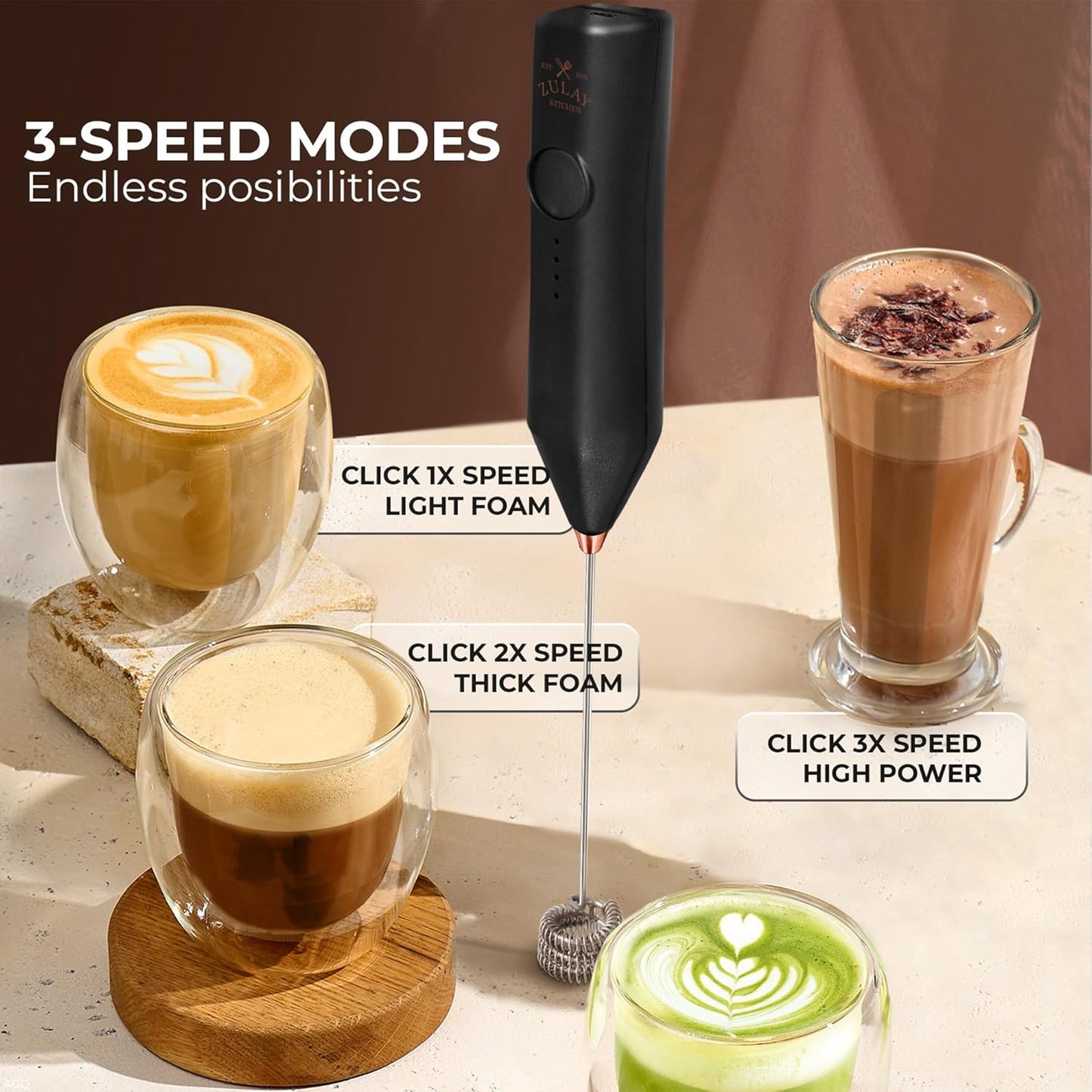 Zulay Kitchen Rechargeable Milk Frother | 3 Speeds & 3 Whisk Attachments - USB Charging, Perfect for Lattes & Cappuccinos - Black Copper