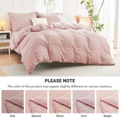 HYMOKEGE Rose Gold Twin Comforter Set Seersucker 5 Pieces, All Season Luxury Bed in a Bag Queen for Bedroom, Bedding Set with Comforter, Sheets, Pillowcase & Sham