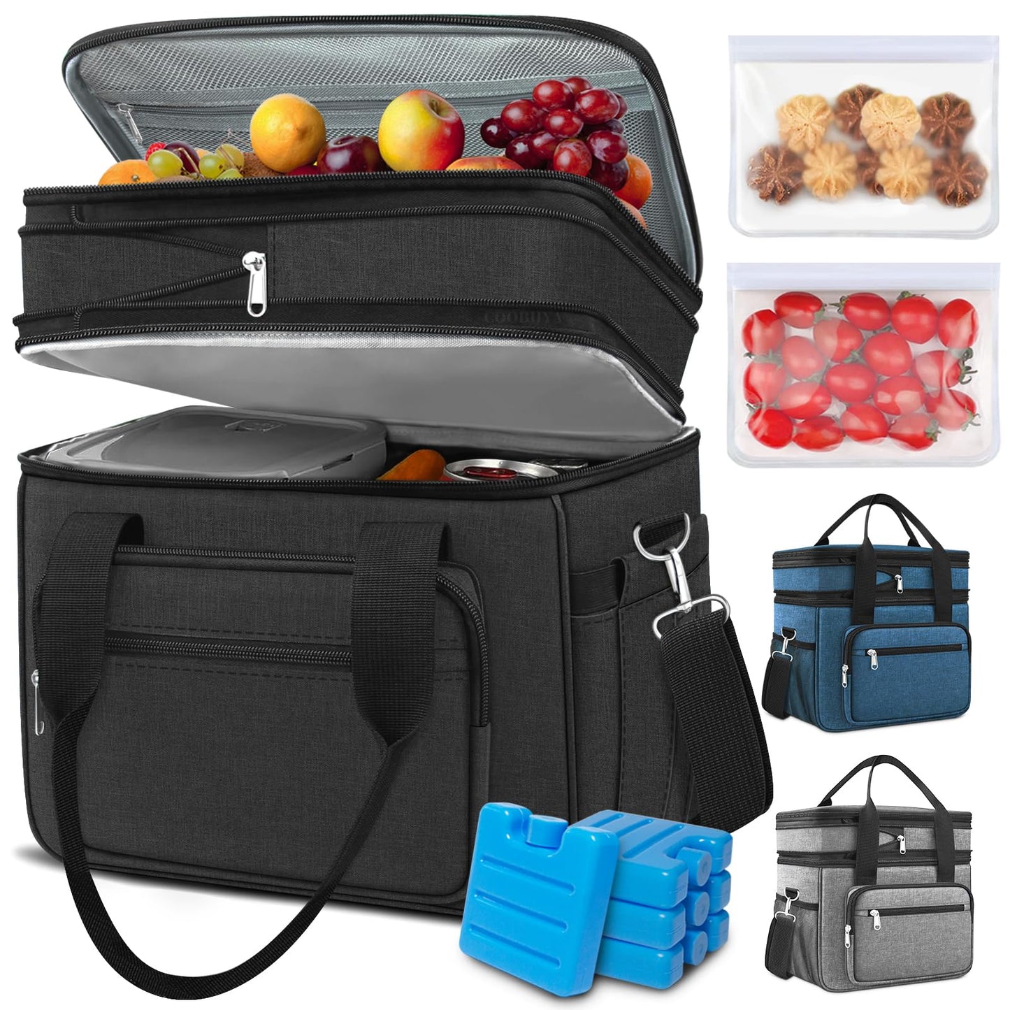 Expandable Insulated Large Cooler Lunch Box for Men 23L Heavy Duty Double Deck Leakproof Lunch Bag with 4 Ice packs&2 Snack Bags for Adult/Construction/Women/Work/Picnic/Camping - Black