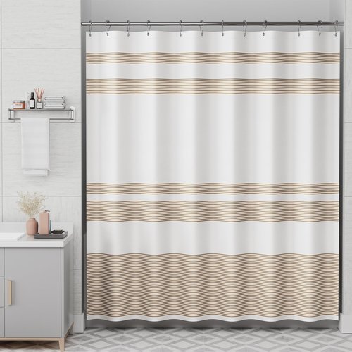 AmazerBath Shower Curtain, 72x72 Washable Cloth Neutral Light Tan Shower Curtain with 12 Hooks, Fabric Khaki and White Striped Set, Farmhouse Bathroom Shower Curtain