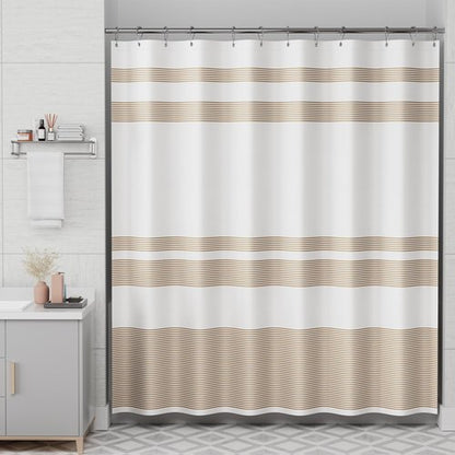 AmazerBath Shower Curtain, 72x72 Washable Cloth Neutral Light Tan Shower Curtain with 12 Hooks, Fabric Khaki and White Striped Set, Farmhouse Bathroom Shower Curtain