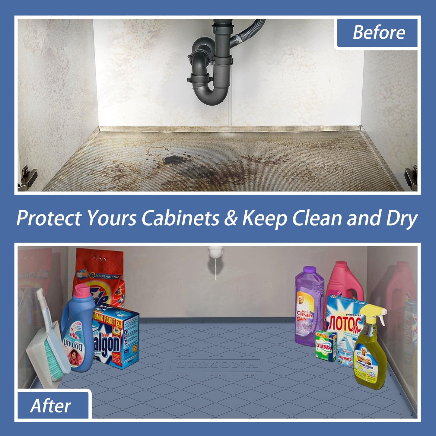 URMONA Under Sink Mat for Kitchen Waterproof, 40" x 22" Silicone Under Sink Mat for Shelf Liner Organizer, Cabinet Sink Protector Under Sink Liner for Bottom Kitchen, Bathroom(Khaki)