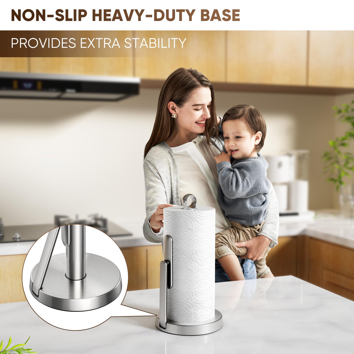 theaoo Heavy-Duty Stainless Steel Paper Towel Holder with Tension Arm – Easy One-Handed Tear, Modern Standing Countertop Dispenser for Kitchen, Holds All Paper Towel Rolls (1, Silver)