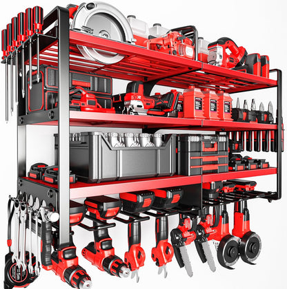 POKIPO Heavy-Duty Power Tool Organizer - Wall-Mounted 4-Layer Shelf for 400lbs Capacity | Includes 8 Drill Bit Holders
