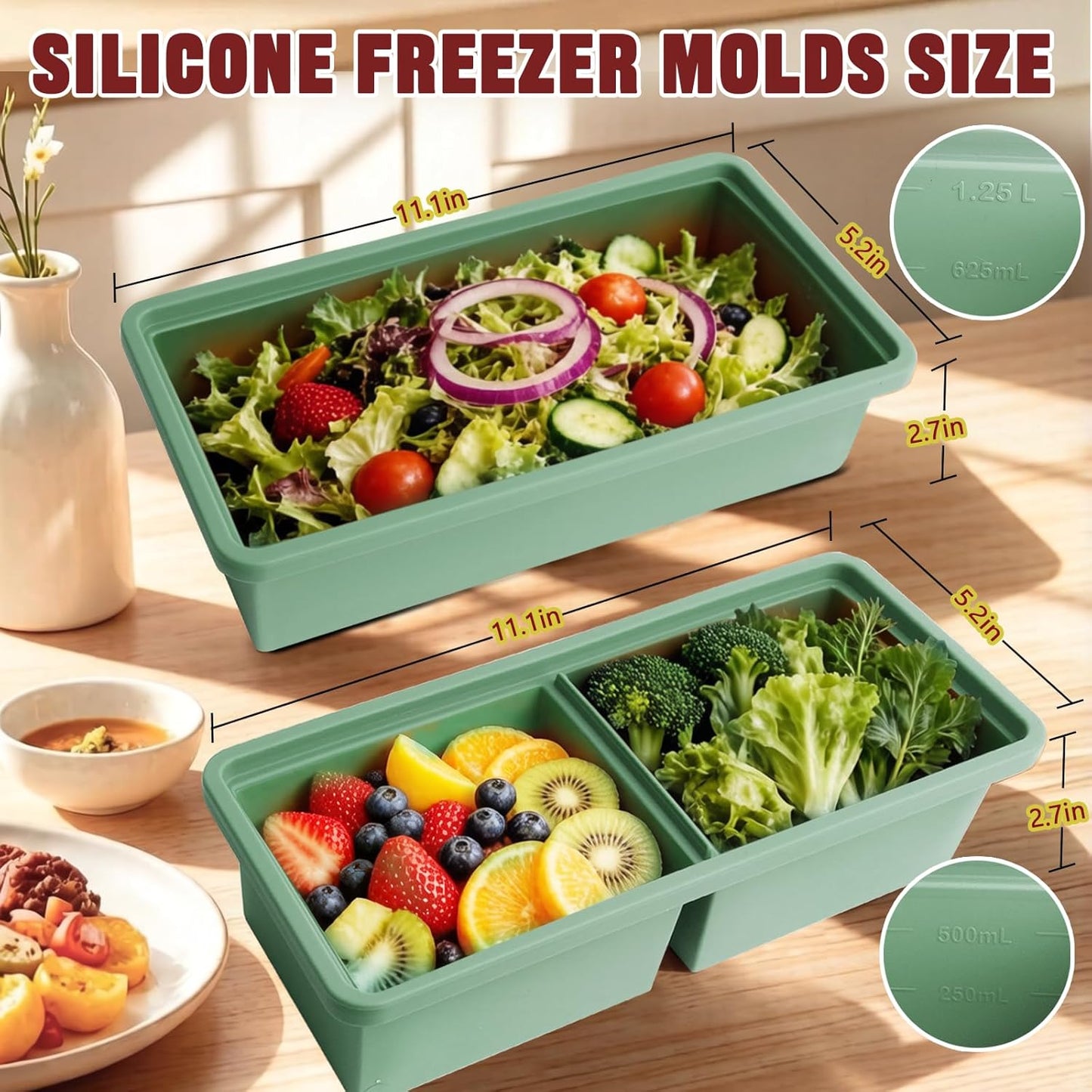 Skiennix Silicone Freezer Trays - Leak-Proof Ice Cube & Soup Storage Containers | 2-Cup & 5-Cup Sizes, BPA-Free