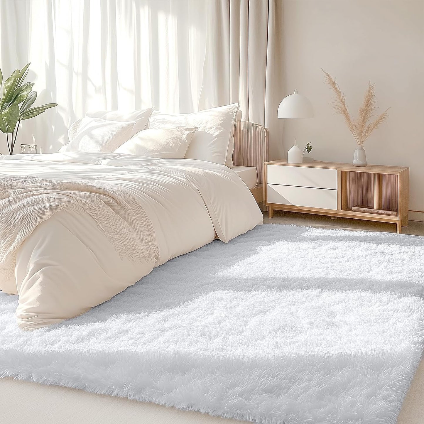 OLANLY 5x5 Area Rug - Soft, Fluffy Shaggy Design for Living Room & Bedroom | Machine Washable, White