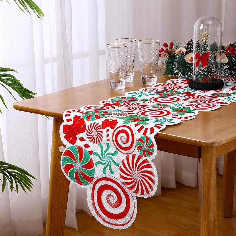 Candy Cane Christmas Table Runner - Burlap 71 x 14 Inches
