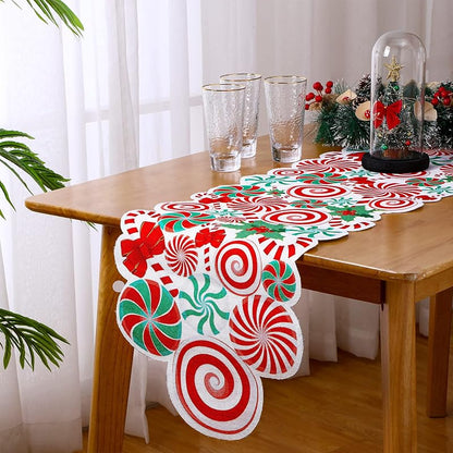 Candy Cane Christmas Table Runner - Burlap 71 x 14 Inches