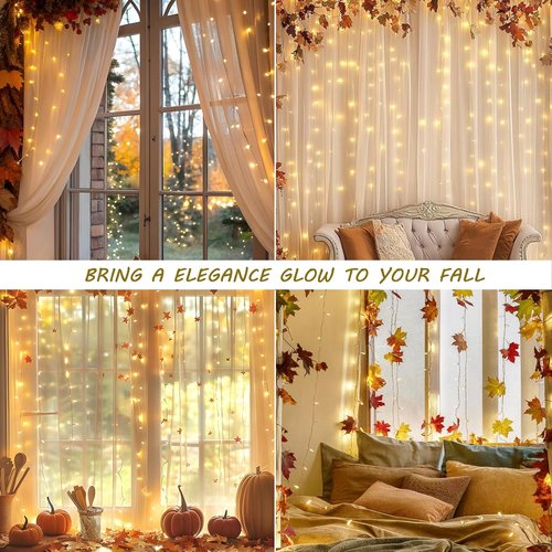 HEYFUNi Curtain Lights - 13ft x 6.5ft Warm White Icicle String Lights with 8 Modes for Holiday Decor