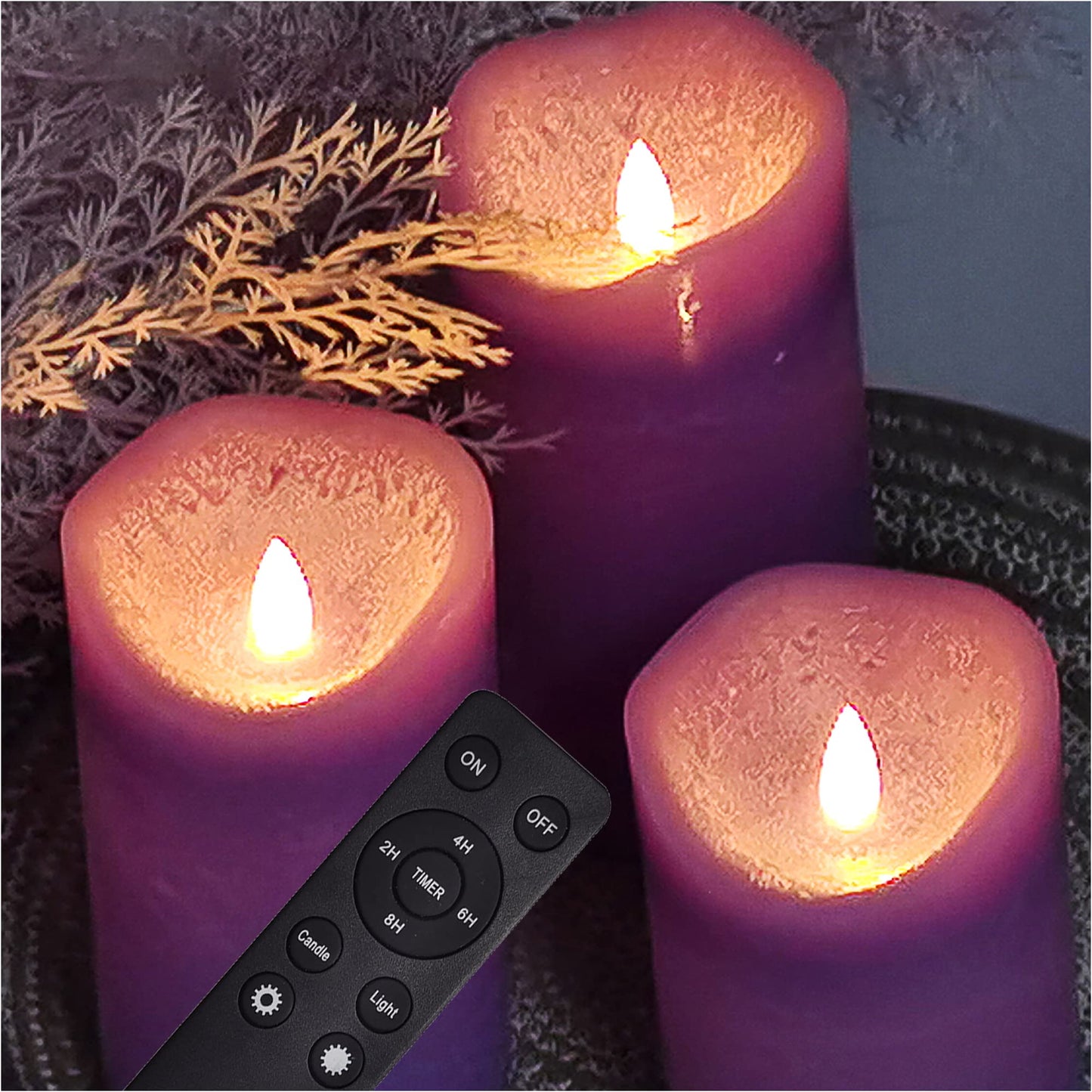 Battery Operated Flameless Led Candles Real Wax Pillar Candles with Remote Timer Electric Flickering Decorative Purple Wax Candle Lights for Halloween Christmas Home Party Decor 3 Pack 3”X 4”, 5”, 6”