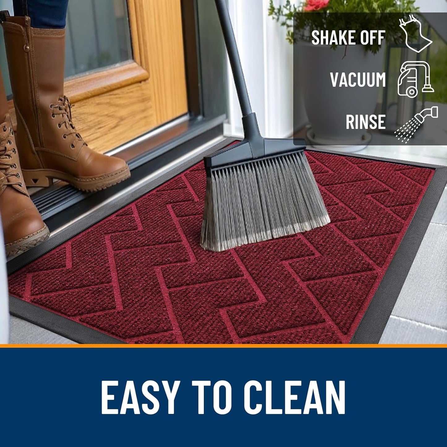 OLANLY Waterproof Front Door Mat - All-Season Indoor/Outdoor Doormat | Sturdy Natural Rubber, Herringbone Brick (Wine Red, 47x32)