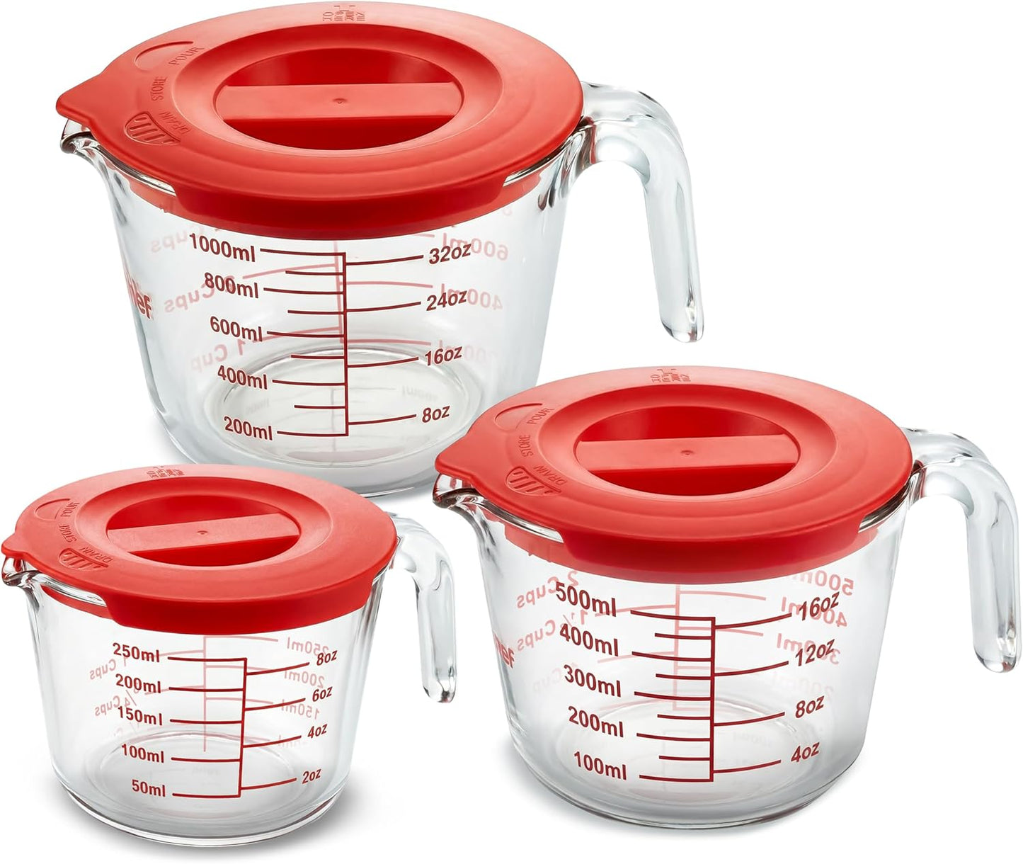 NutriChef Glass Measuring Cup Set - Heat-Resistant Borosilicate with Lids | 1, 2 & 4 Cups (8, 17, 34 oz)