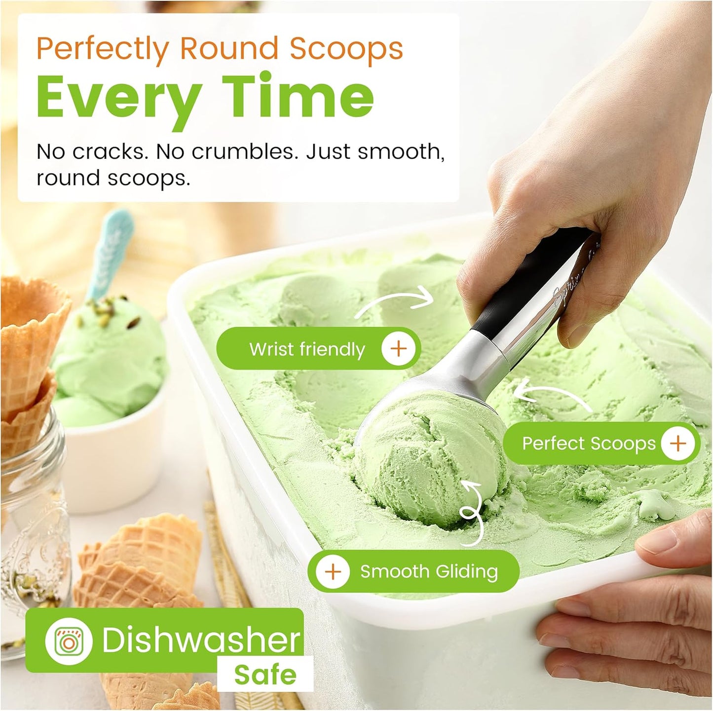 Spring Chef Heavy Duty Ice Cream Scoop - Dishwasher Safe Professional Tool for Gelato & Sundaes - Black