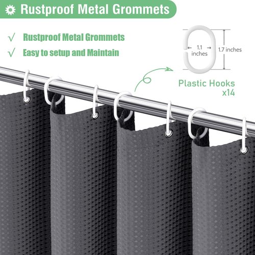 Dynamene Extra Wide Shower Curtain - 84 Inch Wide Waffle Weave Weighted Thick Cloth Bathroom Shower Curtain, Neutral Heavy Duty Hotel Bath Curtain Set with 14 Plastic Hooks, 84x72, Charcoal Grey