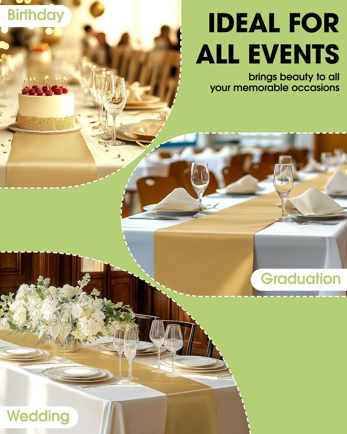 Pureegg Gold Plastic Table Runners - Water Resistant & Disposable | 10 Pack, 14'' x 108'' for Weddings, Parties & Home Decor
