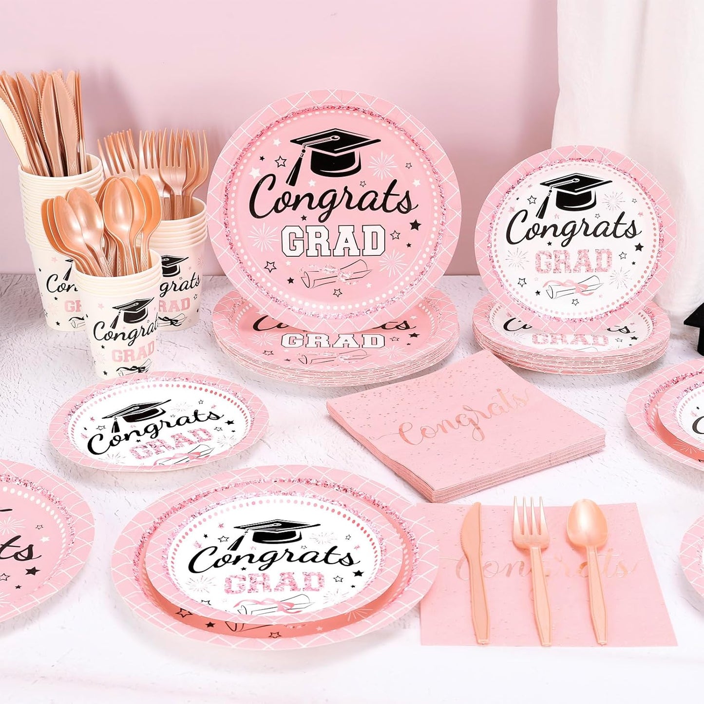 Whaline Graduation Party Supplies Set - 175 Pcs Pink Disposable Plates, Napkins, Cups & Cutlery for 25 Guests