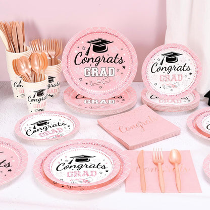 Whaline Graduation Party Supplies Set - 175 Pcs Pink Disposable Plates, Napkins, Cups & Cutlery for 25 Guests