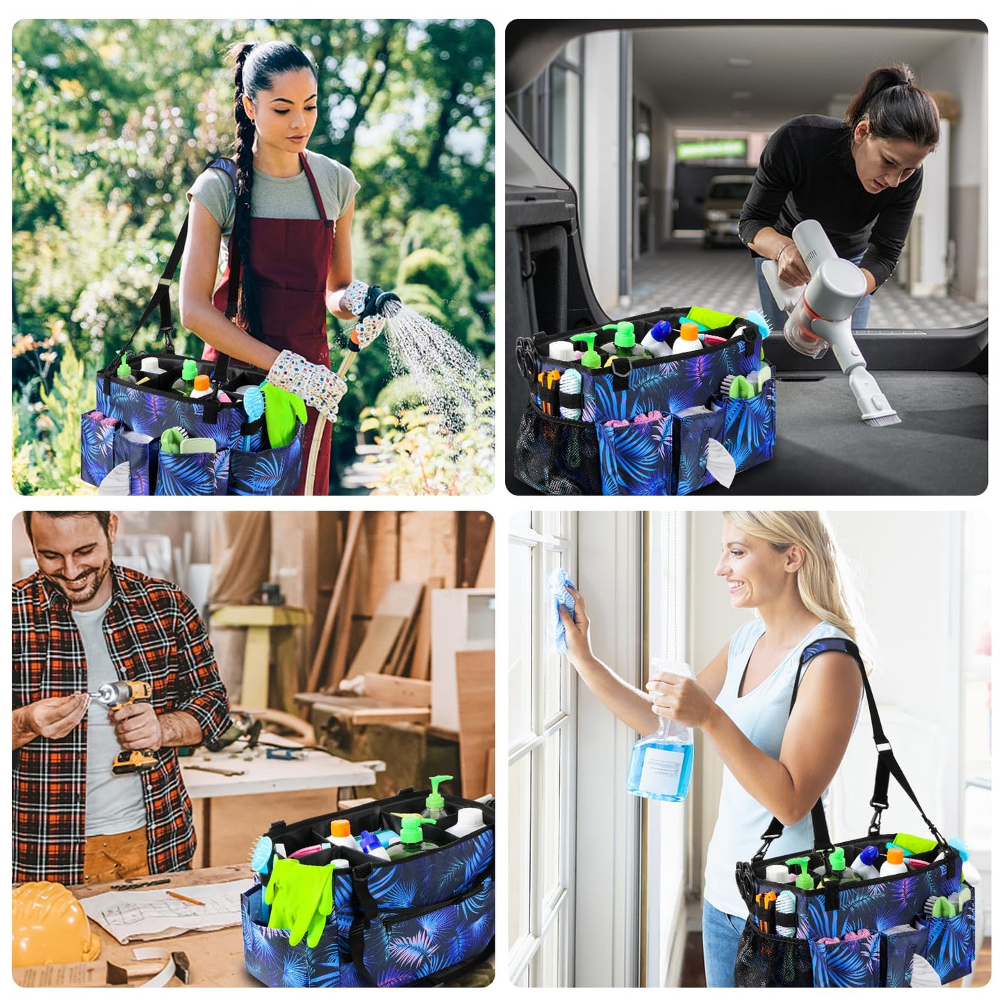 Wearable Cleaning Caddy Bag with Handle, Multi-functional Cleaning Supplies Caddy Organizer with Handle and Shoulder Strap for Car Wash, Gardening Tools, Painting/Picnic Items, Beach (Blue Leaves)