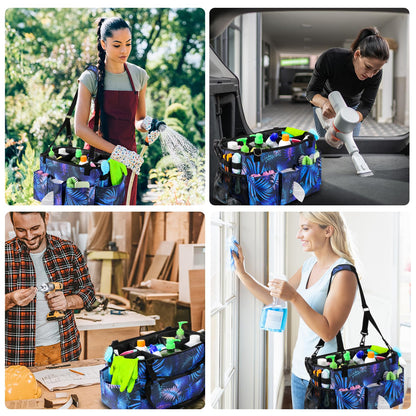 Wearable Cleaning Caddy Bag with Handle, Multi-functional Cleaning Supplies Caddy Organizer with Handle and Shoulder Strap for Car Wash, Gardening Tools, Painting/Picnic Items, Beach (Blue Leaves)