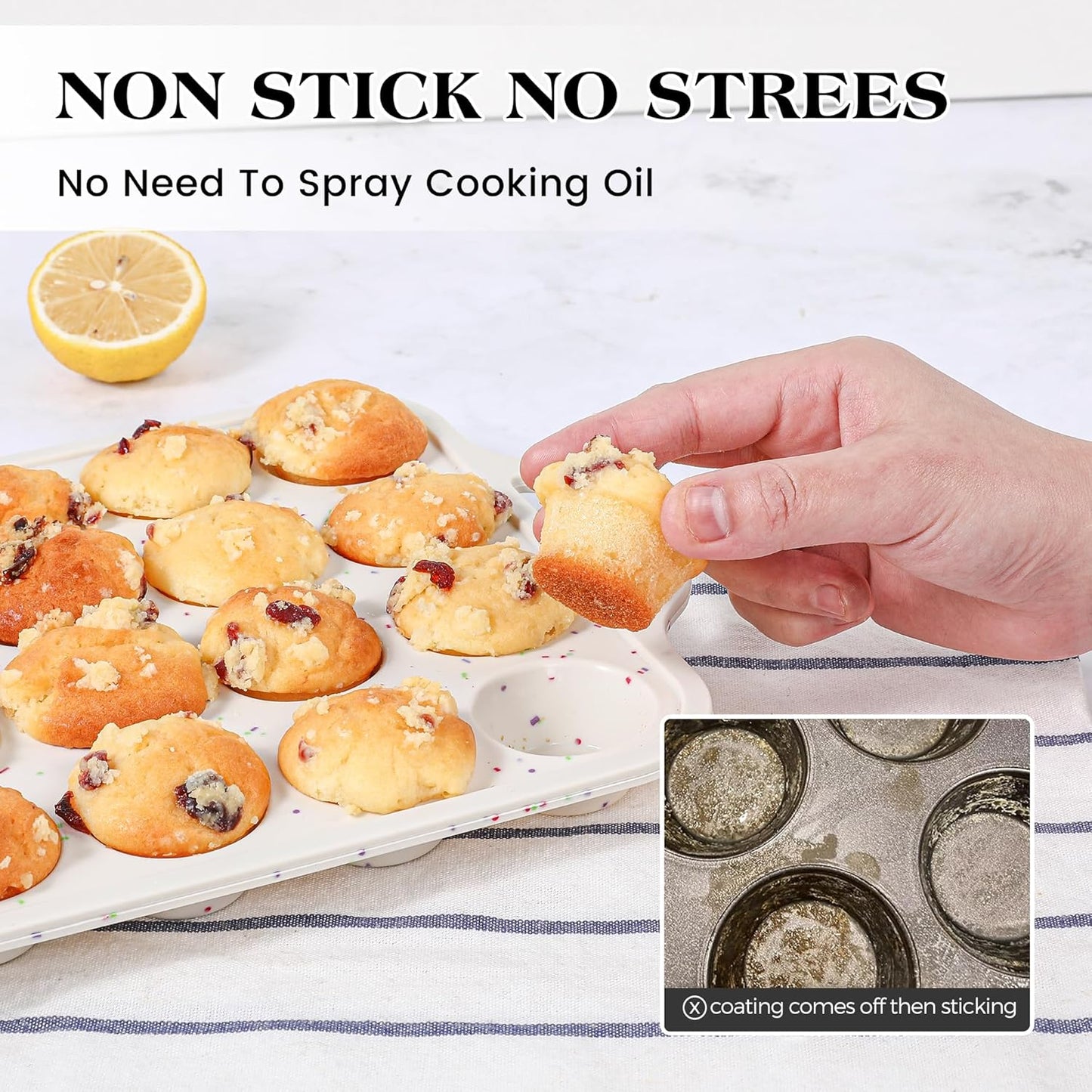 Skiennix Silicone Cupcake Pan Set - Nonstick 12 Cup & Mini 24 Cup Muffin Molds | BPA Free, Cream Color (2 Pcs)