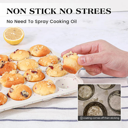 Skiennix Silicone Cupcake Pan Set - Nonstick 12 Cup & Mini 24 Cup Muffin Molds | BPA Free, Cream Color (2 Pcs)