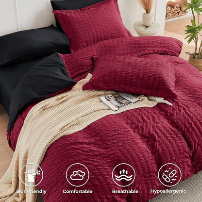 HYMOKEGE King Size Comforter Set - Red & Black Seersucker 7-Piece Luxury Bedding Set for All Seasons