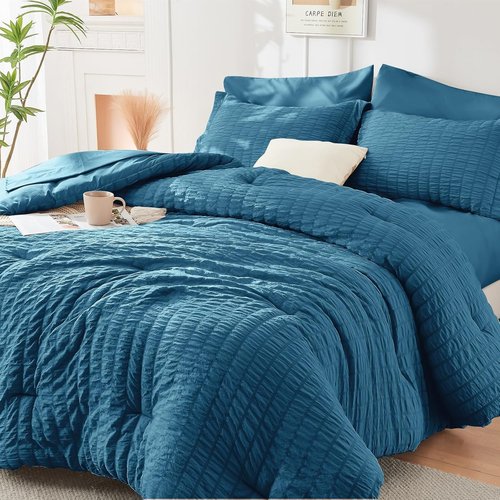 HYMOKEGE Teal California King Comforter Set - 7-Piece All-Season Luxury Bedding Set with Sheets & Pillowcases