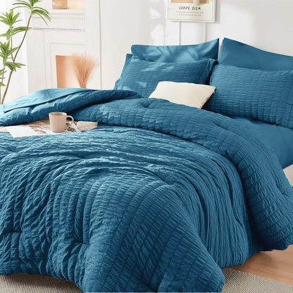 HYMOKEGE Teal King Size Comforter Set Seersucker 7 Pieces, All Season Luxury Bed in a Bag for Bedroom, Bedding Set with Comforters, Sheets, Pillowcases & Shams