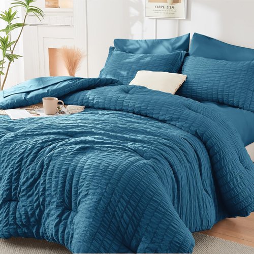 HYMOKEGE Teal California King Comforter Set Seersucker 7 Pieces, All Season Luxury Bed in a Bag for Bedroom, Bedding Set with Comforters, Sheets, Pillowcases & Shams