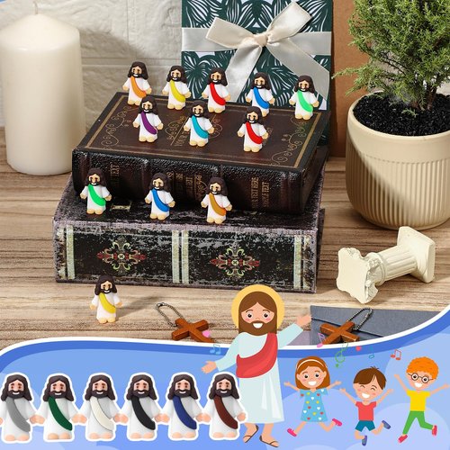 Bememo 12 Pcs Little Jesus Love You Figure Original Rubber Easter to Hide and Seek March for Jesus Religious Party Favors Sunday School Baptism Easter Gifts(Retro Color)