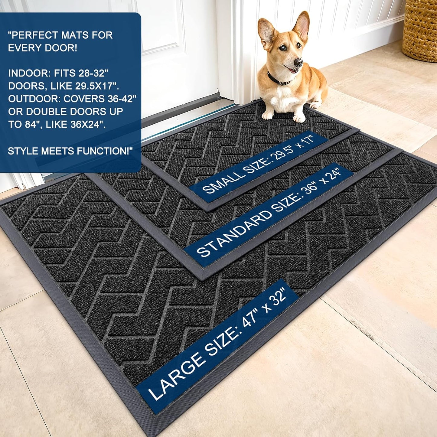 OLANLY Waterproof Front Door Mat - All-Season, Sturdy Natural Rubber, Low Profile, Herringbone Brick (Black, 47x17)
