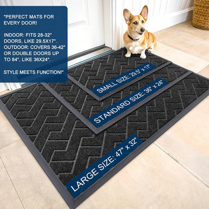OLANLY Waterproof Front Door Mat - All-Season, Sturdy Natural Rubber, Low Profile, Herringbone Brick (Black, 47x17)