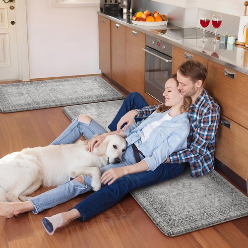 KIMODE Anti Fatigue Kitchen Mats for Floor, Boho Oriental Kitchen Rugs Sets of 2, Padded Kitchen Floor Mats Non Slip, Cushioned Standing Mats for Sink, Laundry, Desk Grey 20"x47"+20"x32"