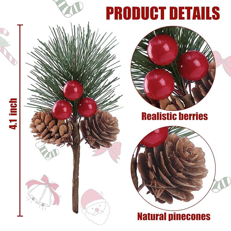 20 Pcs Christmas Fake Pine Branches with Red Berries, Pine Cones & Conifer Picks - Sggvecsy Variation: 20