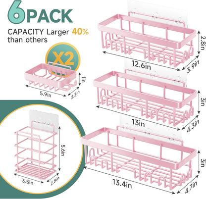 Veken Shower Caddy - Large Capacity 6-Pack, Rustproof & No Drilling | Adhesive Bathroom Organizers - Pink