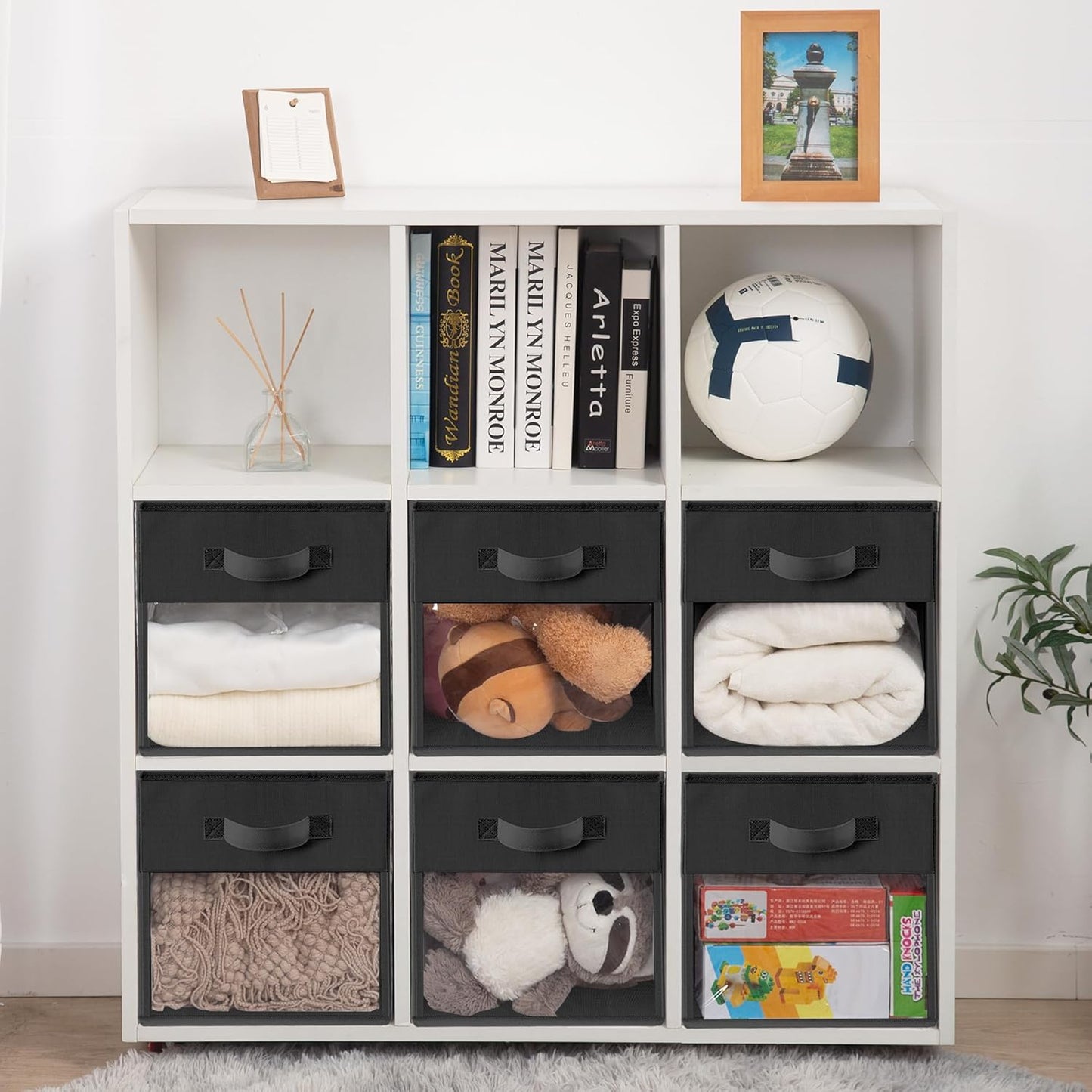 Storage Bins - 11x11 Collapsible Fabric Cubes with Clear Window & Handles | 12-Pack Black Closet Organizers