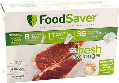 FoodSaver Vacuum Seal Combo Pack - Includes 1-8" Roll, 4-11" Rolls & 36 Pre-Cut Bags