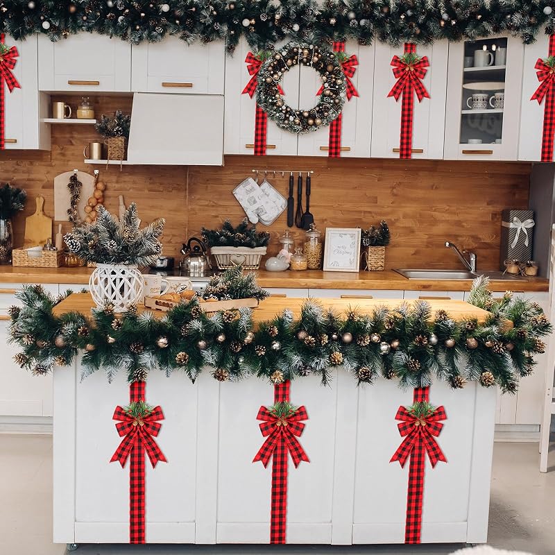 Crowye 8 Pcs Christmas Ribbon Bow Set with Pine Cones - Red Black Plaid Cabinet Decoration (Variation: Red and Black Plaid)