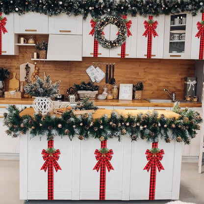Crowye 8 Pcs Christmas Ribbon Bow Set with Pine Cones - Red Black Plaid Cabinet Decoration (Variation: Red and Black Plaid)