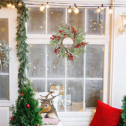 4Pcs Christmas Candle Ring Wreaths with Red Berries and Snowy Pine for Door, Window, Table