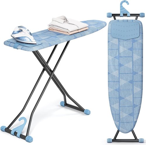 KINGBOARD Compact Ironing Board - Heat Resistant Cover, 7 Height Adjustable, Foldable | 13x43 Blue
