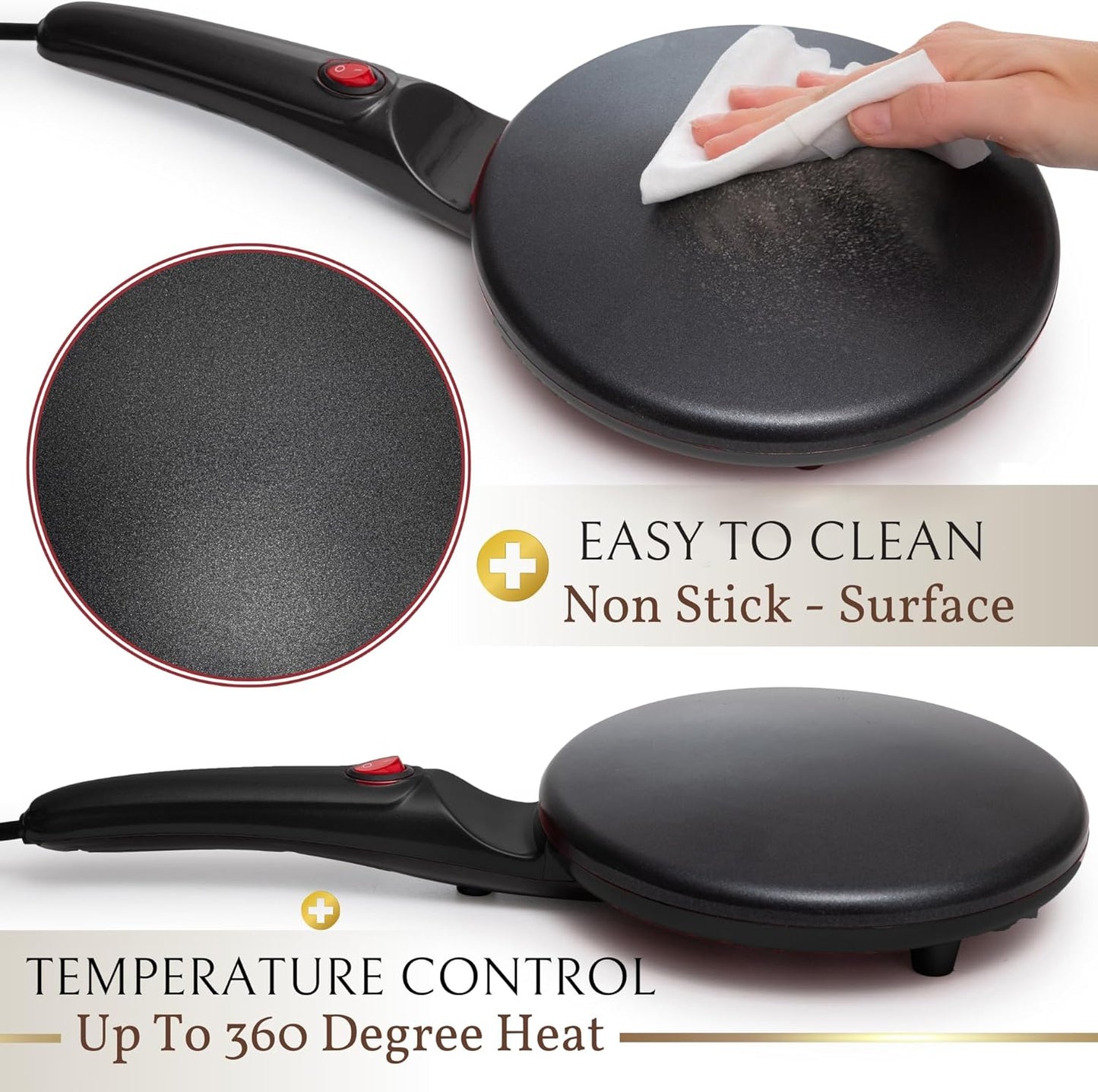 Moss & Stone Electric Crepe Maker - 8” Nonstick Portable Pan with Dipping Plate & Auto Shut-Off