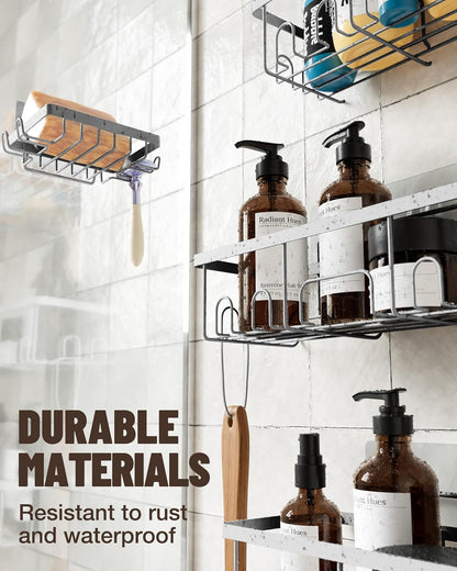 Veken Adhesive Shower Caddy - Heavy-Duty Wall-Mounted Shelves | 5-Pack Organizer with Soap Dish & Toothbrush Holder - Silver