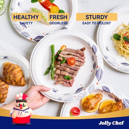 JOLLY CHEF 140 Count Paper Plates 10 inch Soak Proof, Cut Proof, Heavy Duty Leaf Printed Disposable Paper Plates for Everyday Use