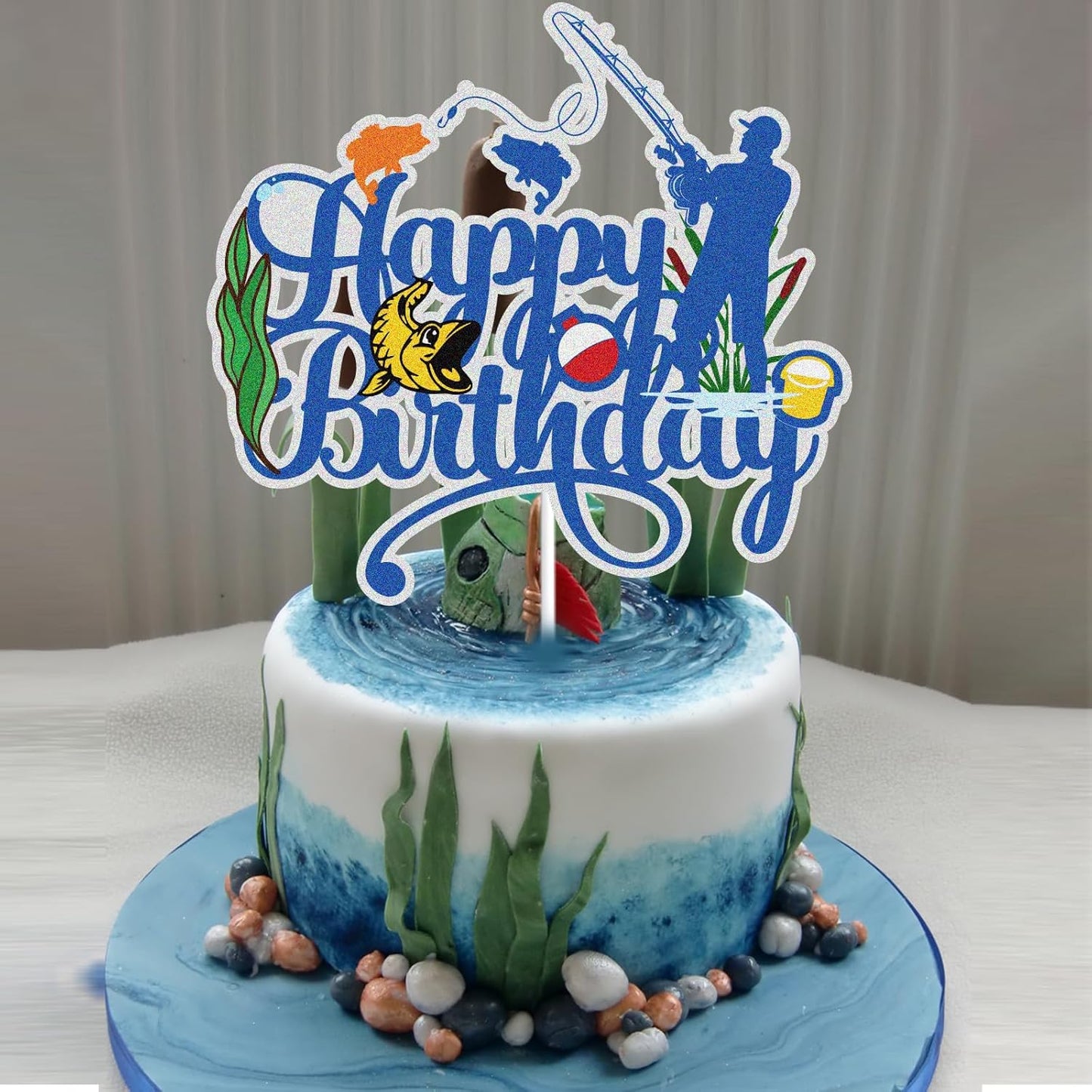Regine Switzerland Happy Birthday Cake Topper - Blue Glitter Little Fisherman Design for Kids