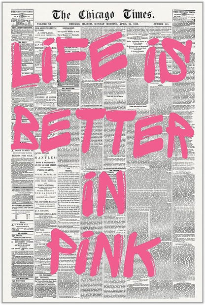 Life Is Better In Pink | Vintage Quote Poster - Motivational Canvas Wall Art for Home & Bedroom 12x16in Unframed