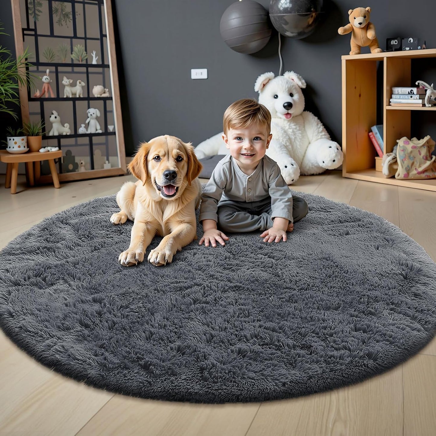 OLANLY Grey Round Area Rug - Soft, Fluffy, Machine Washable 9 ft Circle Carpet for Bedroom & Living Room Decor
