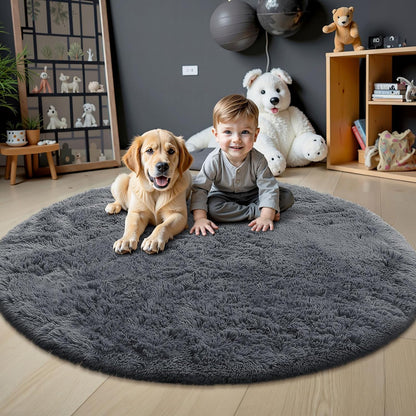OLANLY Grey Round Area Rug - Soft, Fluffy, Machine Washable 9 ft Circle Carpet for Bedroom & Living Room Decor