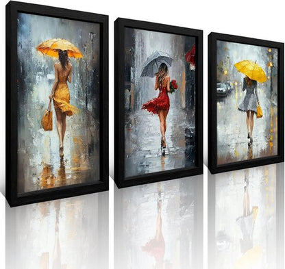 JIMUJIA 3-Piece Canvas Art - Abstract Yellow & Red Umbrella City Scene | Framed Wall Decor 16x24 Inch
